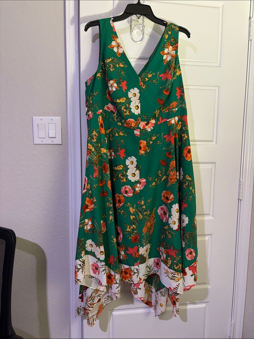 Green Floral Asymmetrical V-Neck Dress